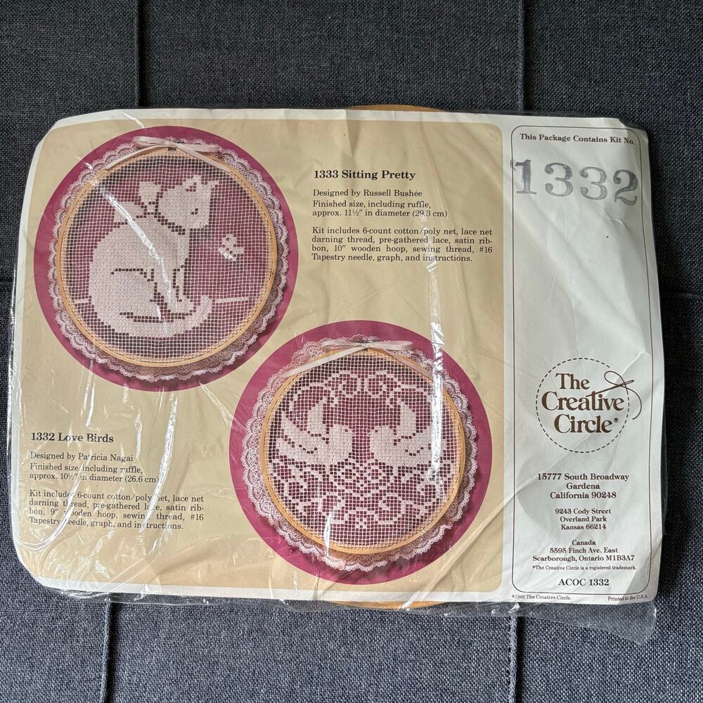 Love Birds Vintage Lace Net Darning Kit by The Creative Circle - 1988 With Hoop